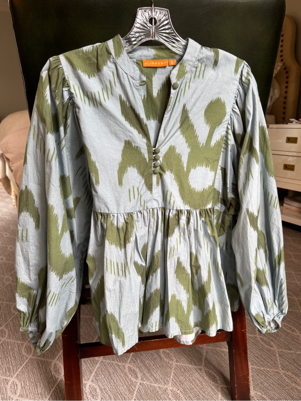 Oliphant blue and green, Patterned Peplum Blouse, great for fall.